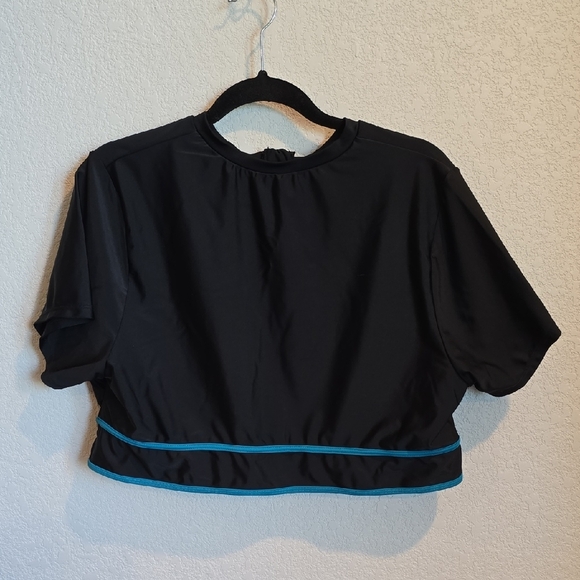 Torrid Black Crop Top with Blue Mandarin Collar and Short Sleeves Swim Top - Picture 2 of 3